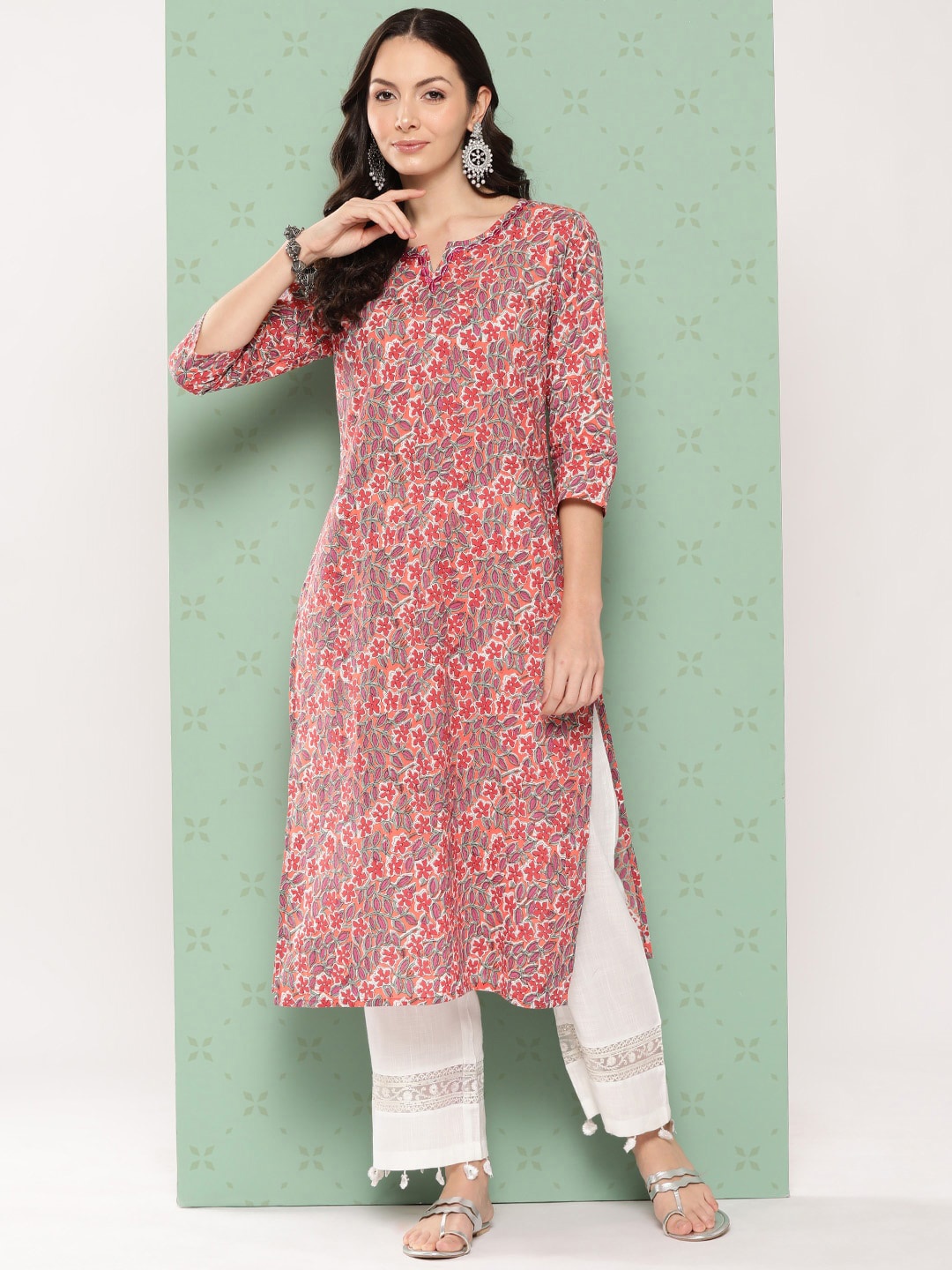 

KALINI Floral Printed Thread Work Detailed Cotton Straight Kurta, Pink