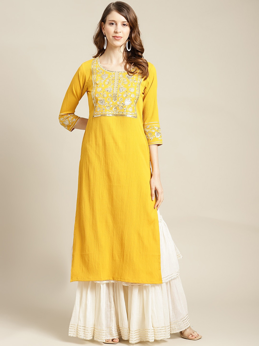 

KALINI Ethnic Motifs Yoke Design Sequinned Detailed Straight Kurta, Yellow