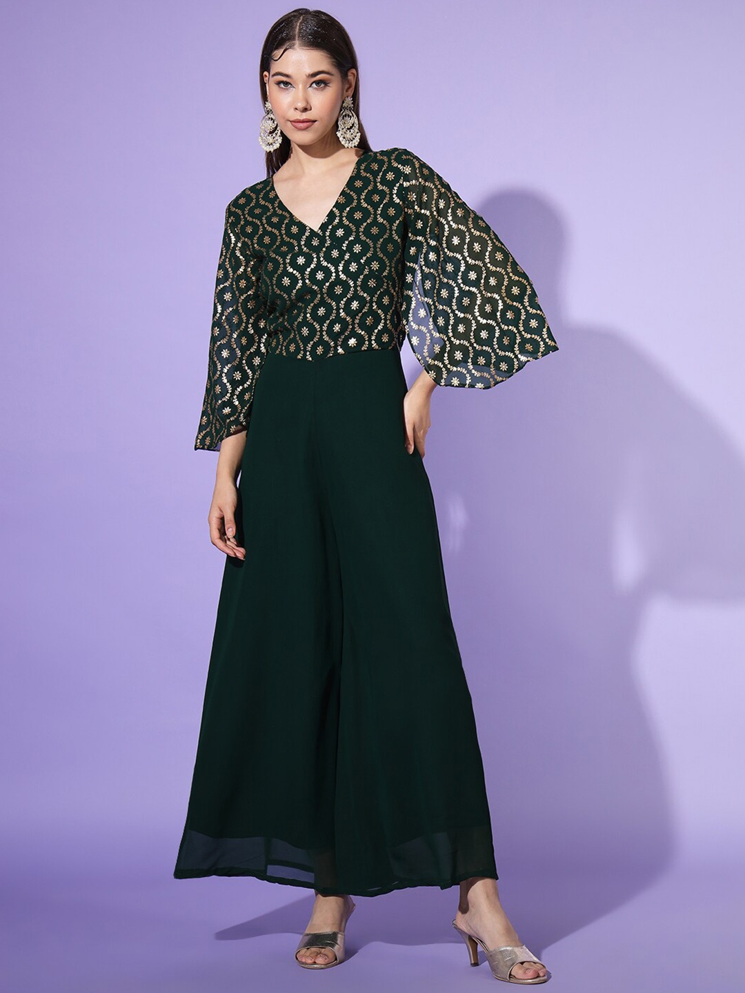 

Poshak Hub Foil Printed Georgette Basic Jumpsuit, Green