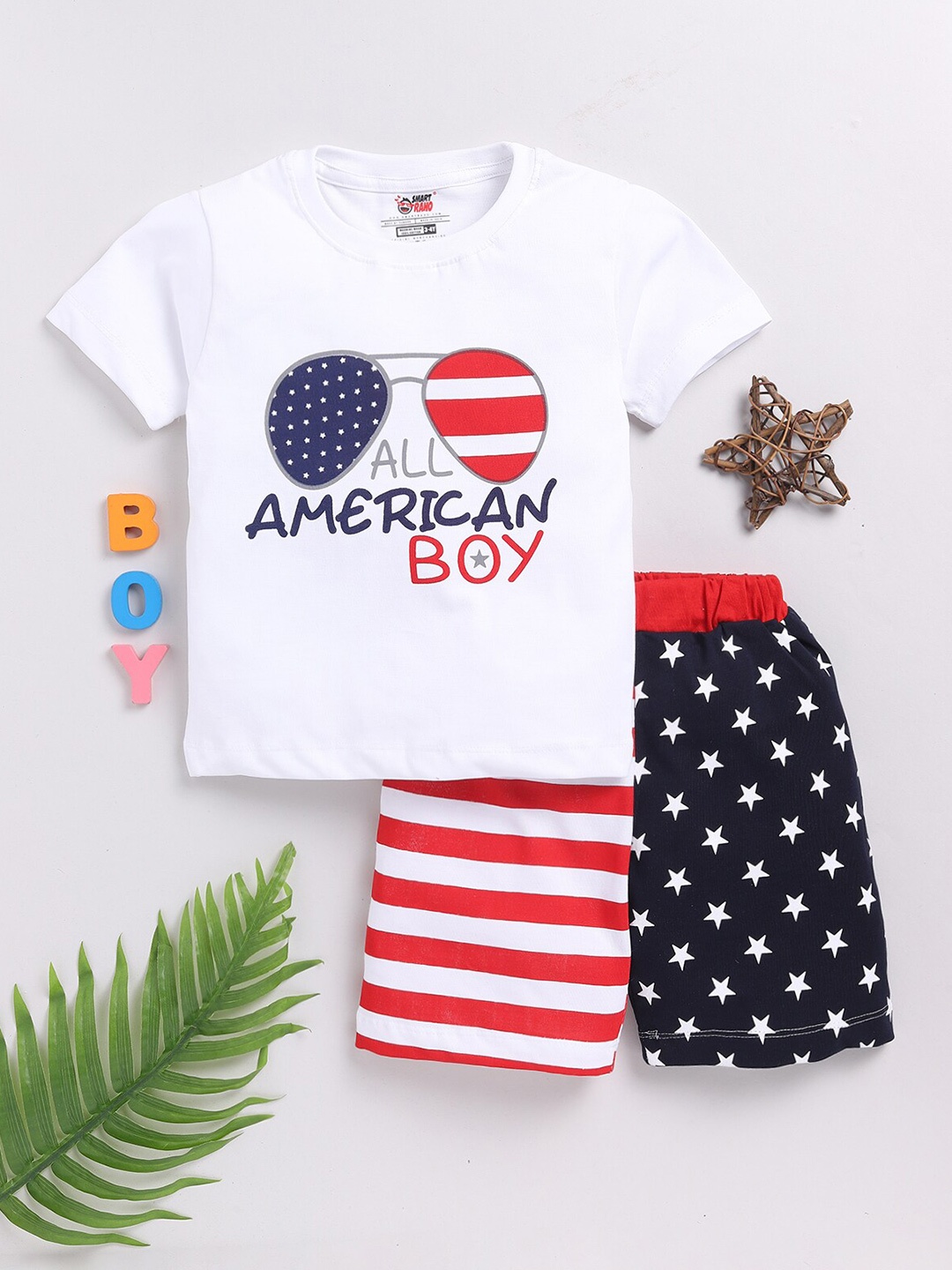 

SmartRAHO Boys Printed Pure Cotton T-shirt with Shorts, White
