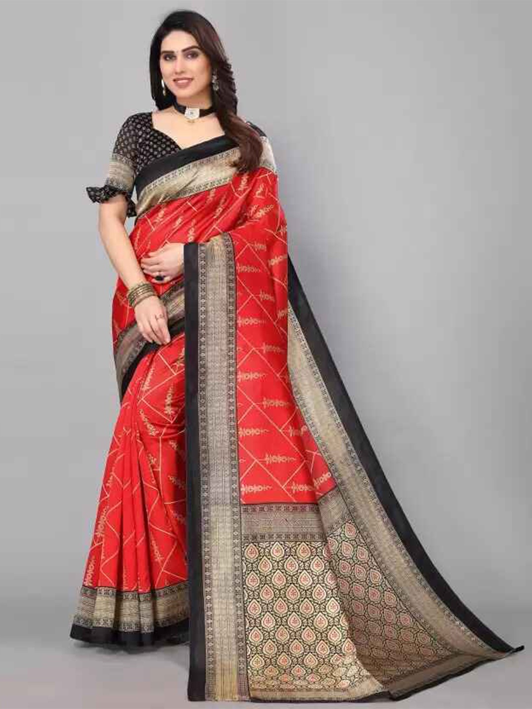 

KALINI Floral Printed Art Silk Saree, Red