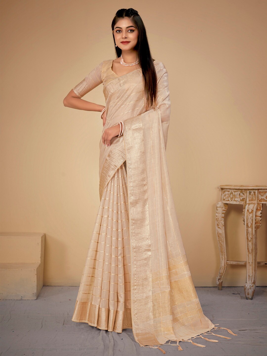 

Saree mall Woven Design Zari Striped Taant Sarees with Tassels, Cream
