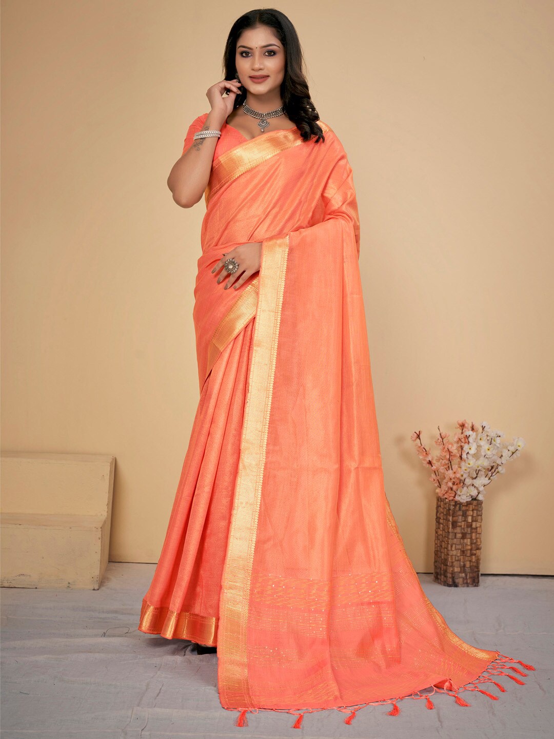 

Saree mall Zari Border Sarees with Tassels, Peach