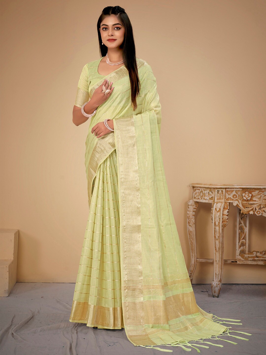 

Saree mall Striped Zari Taant Sarees, Green