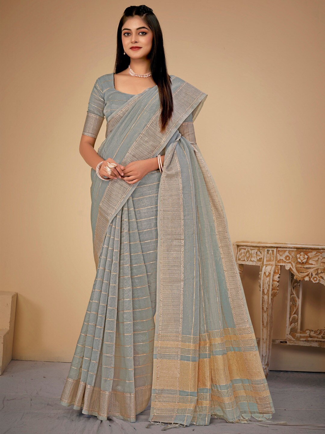 

Saree mall Striped Zari Woven Design Taant Sarees with Tassels, Grey