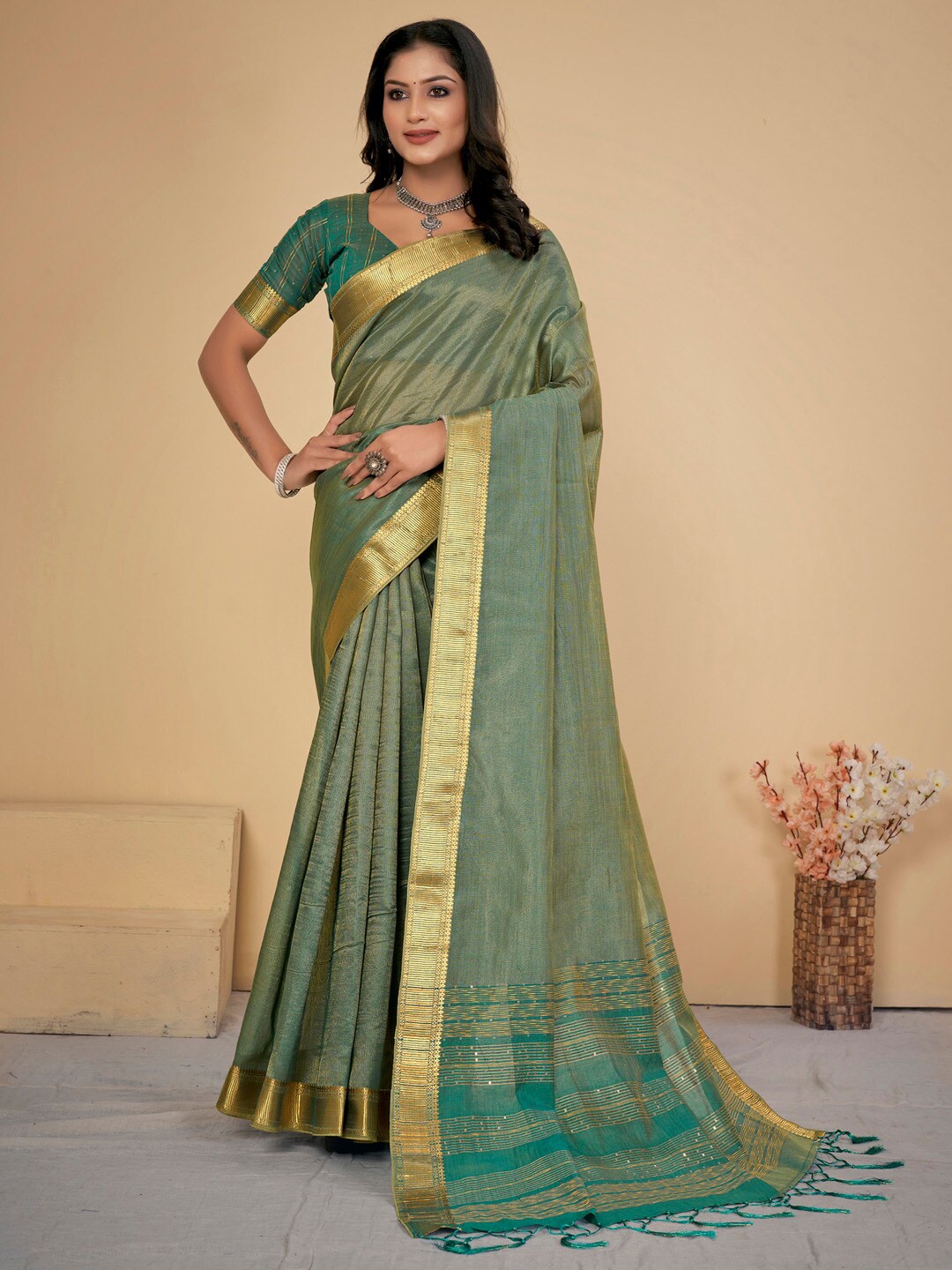 

Saree mall Sea Green Embellished Zari Silk Cotton Saree