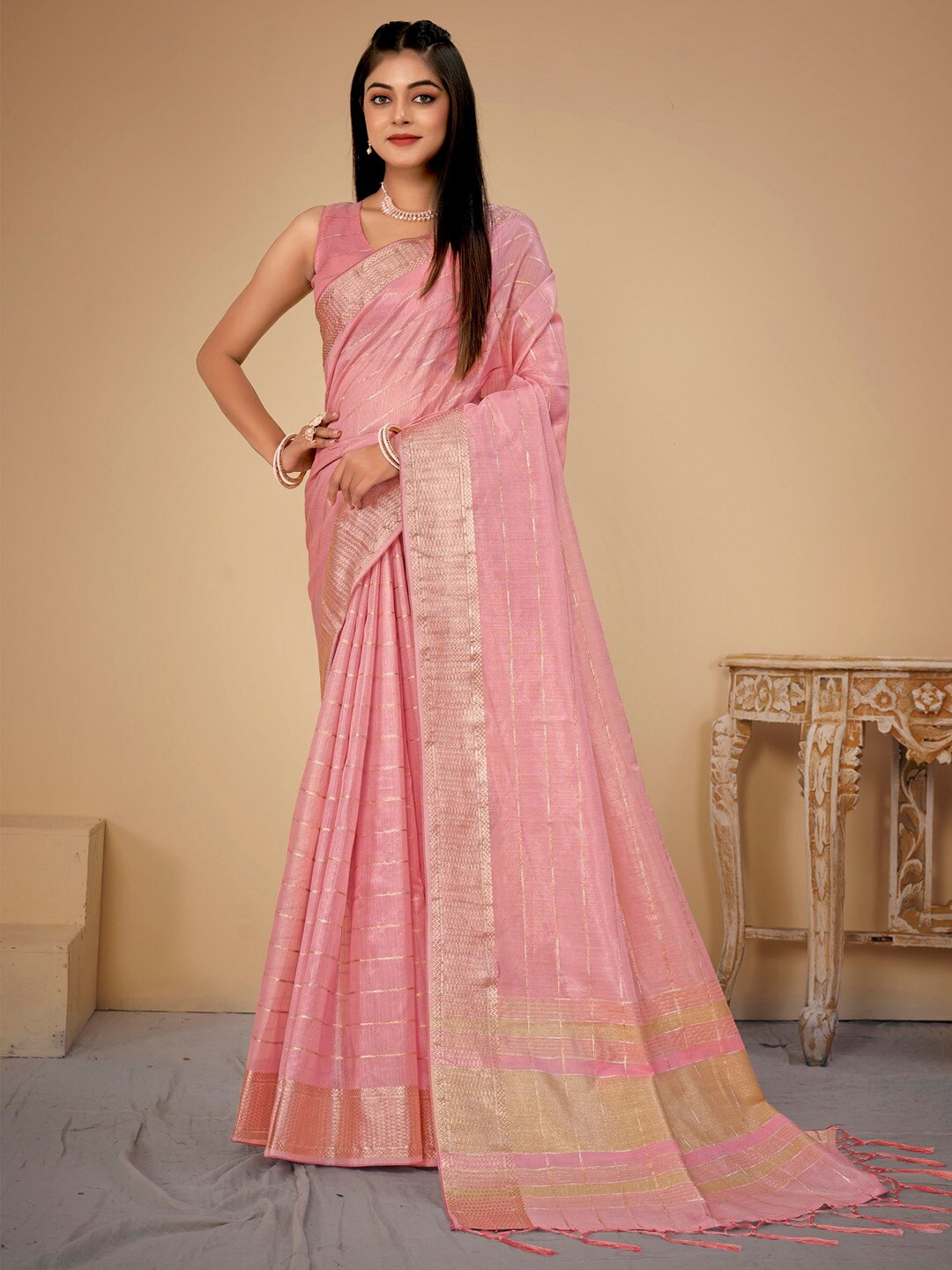 

Saree mall Striped Zari Woven Design Taant Sarees with Tassels, Pink
