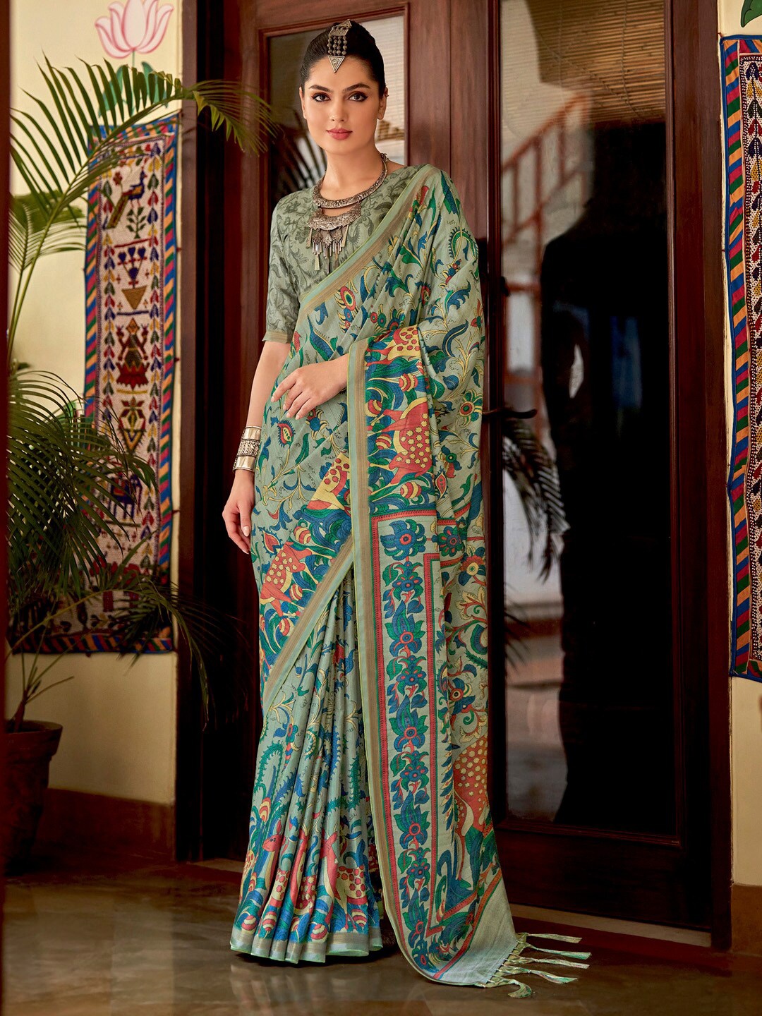 

Saree mall Kalamkari Printed Chanderi Sarees, Sea green