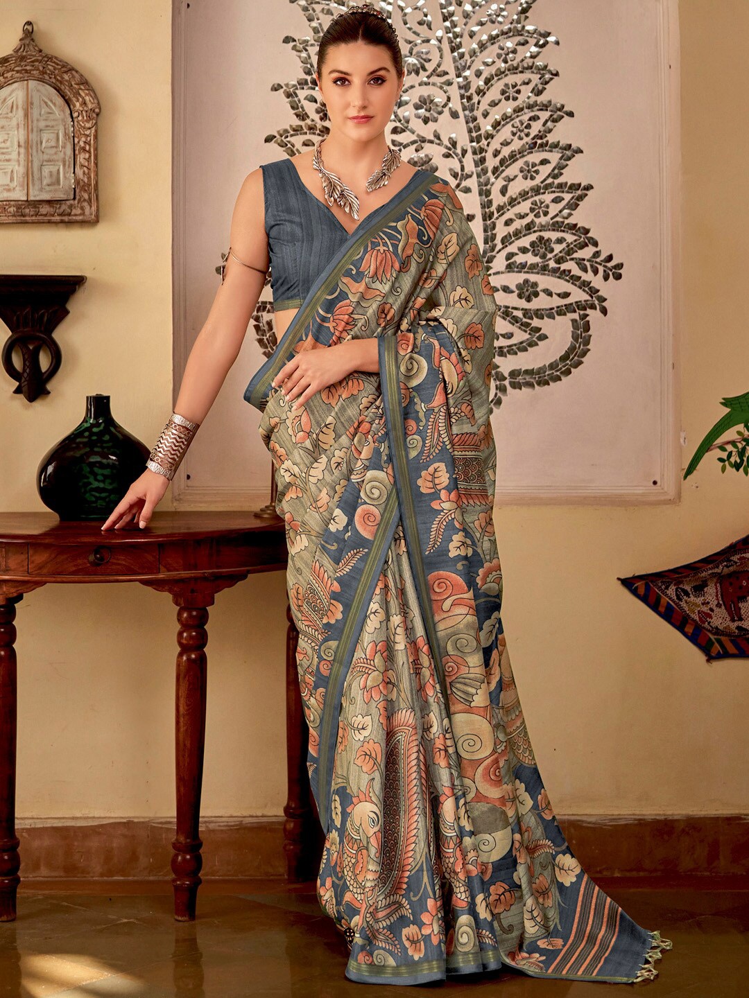 

Saree mall Sea Green Ethnic Motifs Printed Chanderi Saree