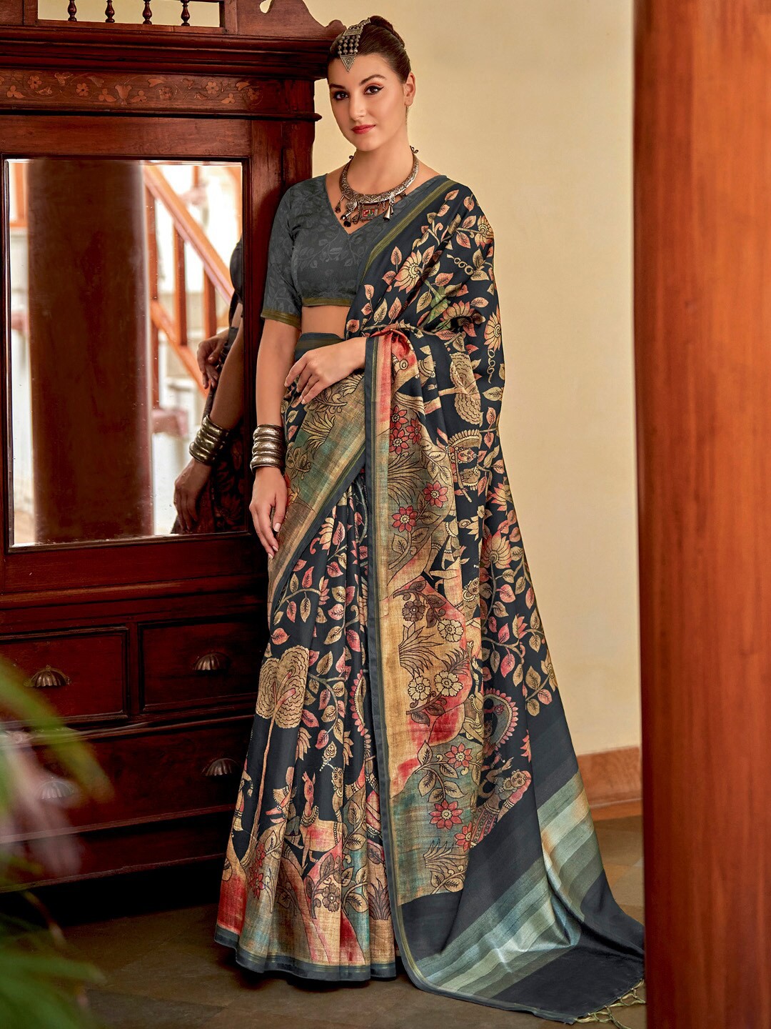 

Saree mall Kalamkari Printed Chanderi Sarees with Tassels, Black
