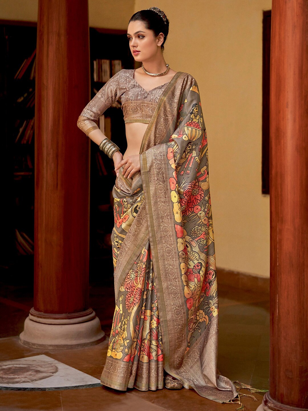 

Saree mall Grey Kalamkari Printed Chanderi Saree