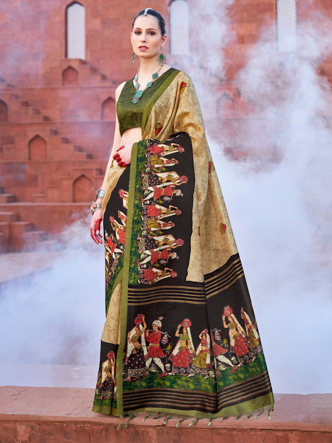 

Saree mall Kalamkari Printed Baluchari Sarees with Tassels, Beige