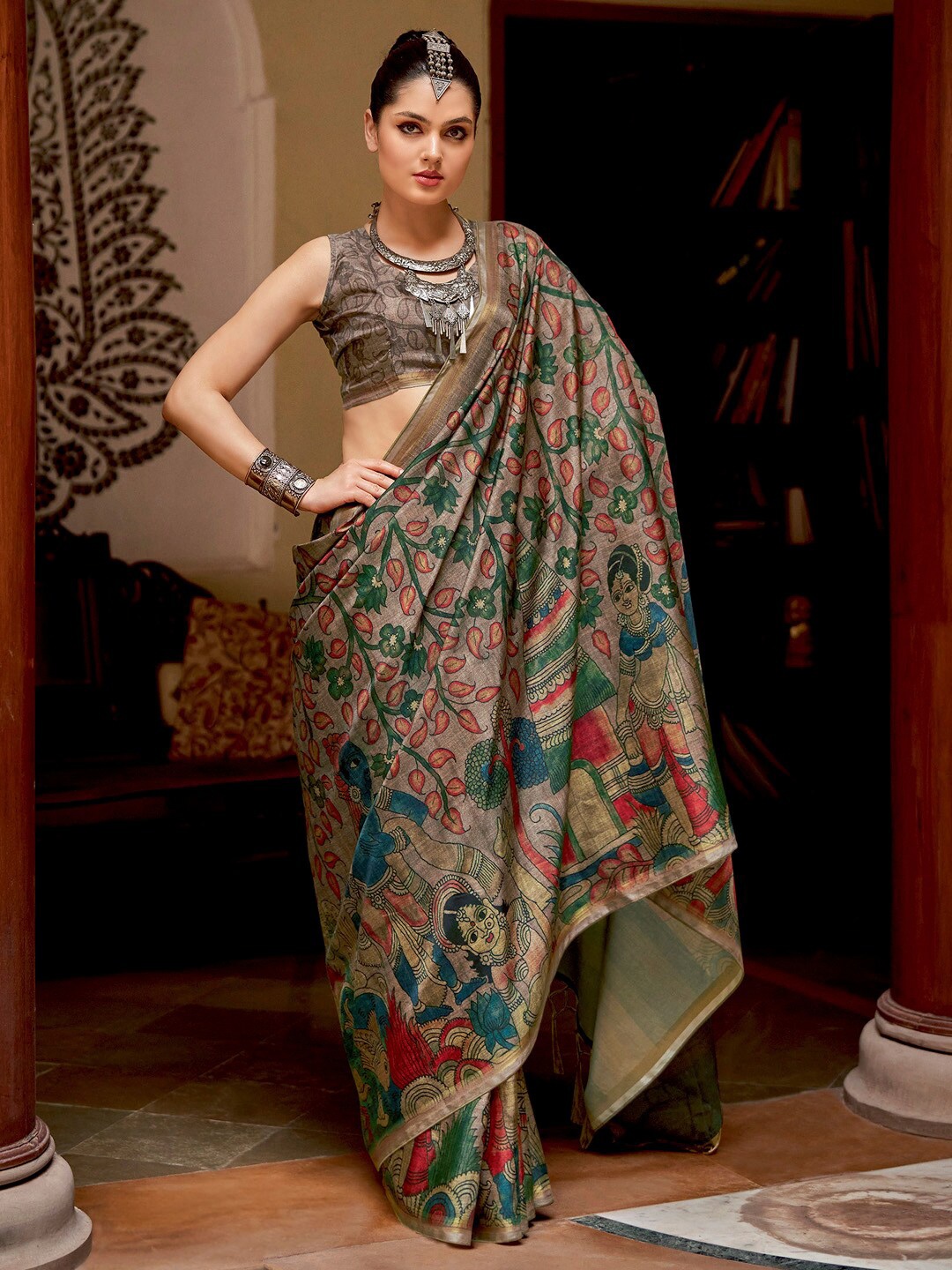 

Saree mall Ethnic Motifs Printed Chanderi Sarees with Tassels, Beige