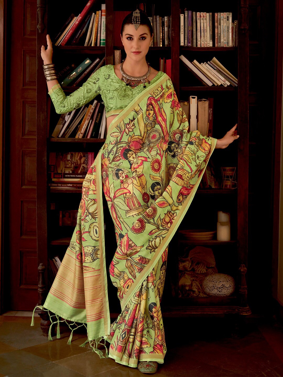 

Saree mall Floral Printed Chanderi Sarees, Green