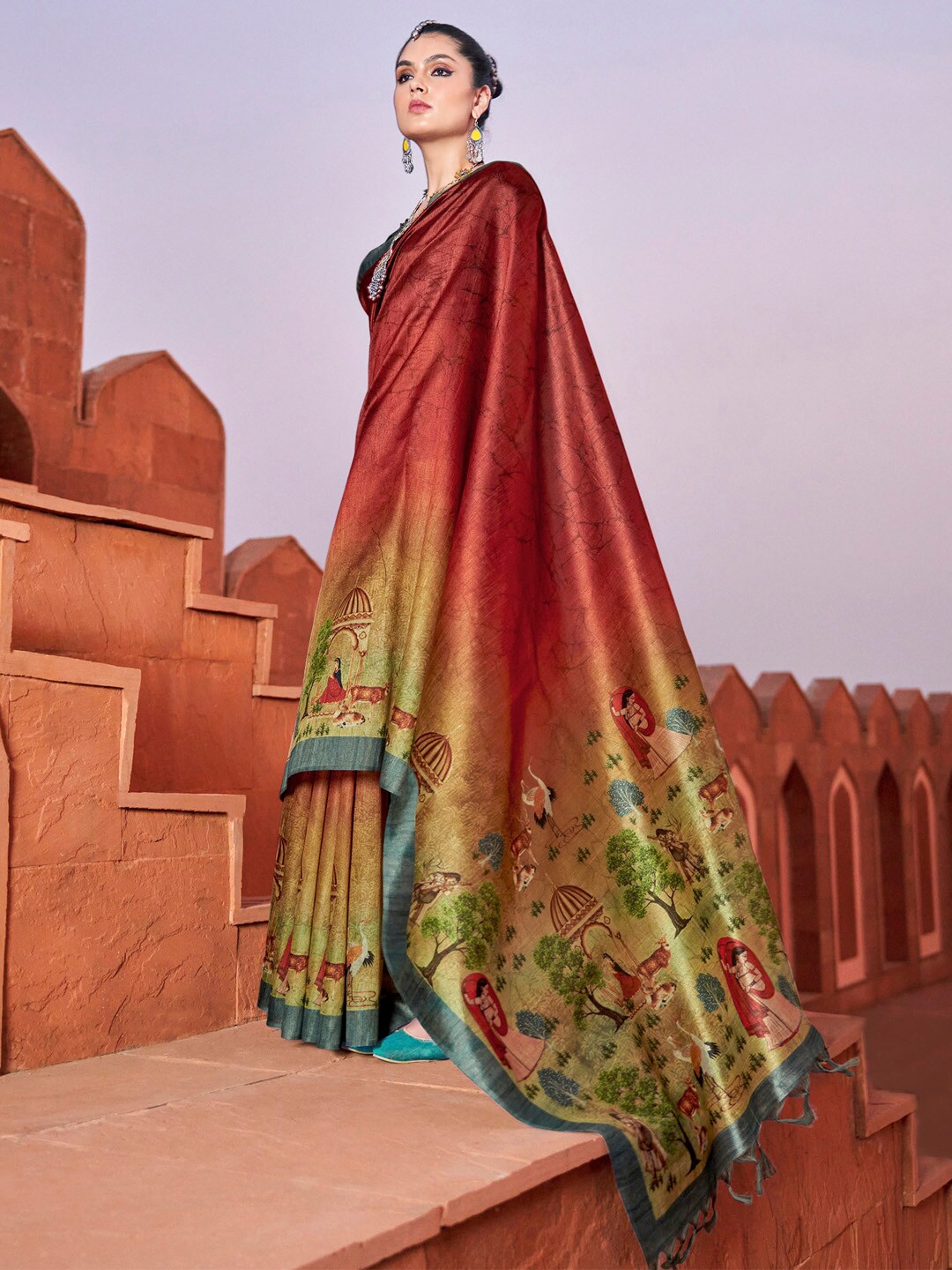 

Saree mall Kalamkari Printed Baluchari Sarees with Tassels, Maroon