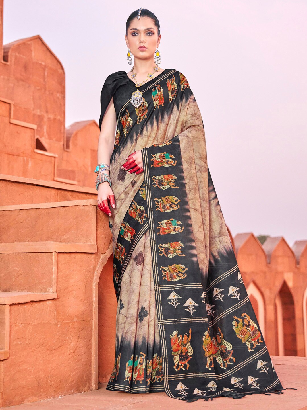 

Saree mall Kalamkari Printed Baluchari Sarees with Tassels, Beige