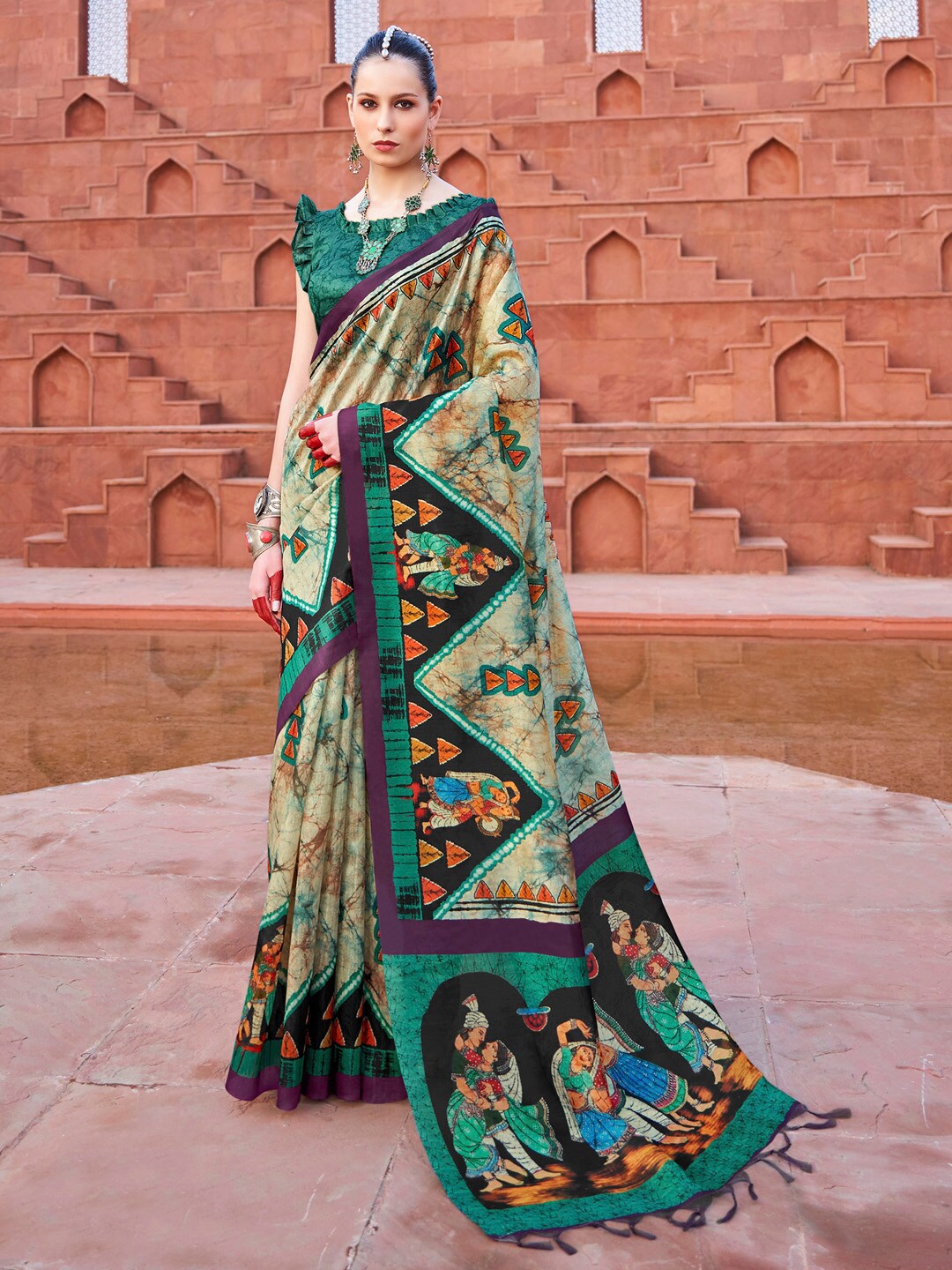 

Saree mall Baluchari Sarees with Tassels, Sea green