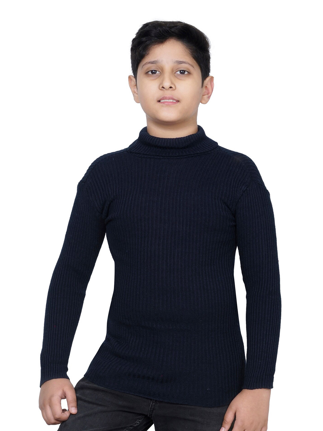

BAESD Woollen Turtle Neck Pullover With Applique Detail Sweater, Navy blue