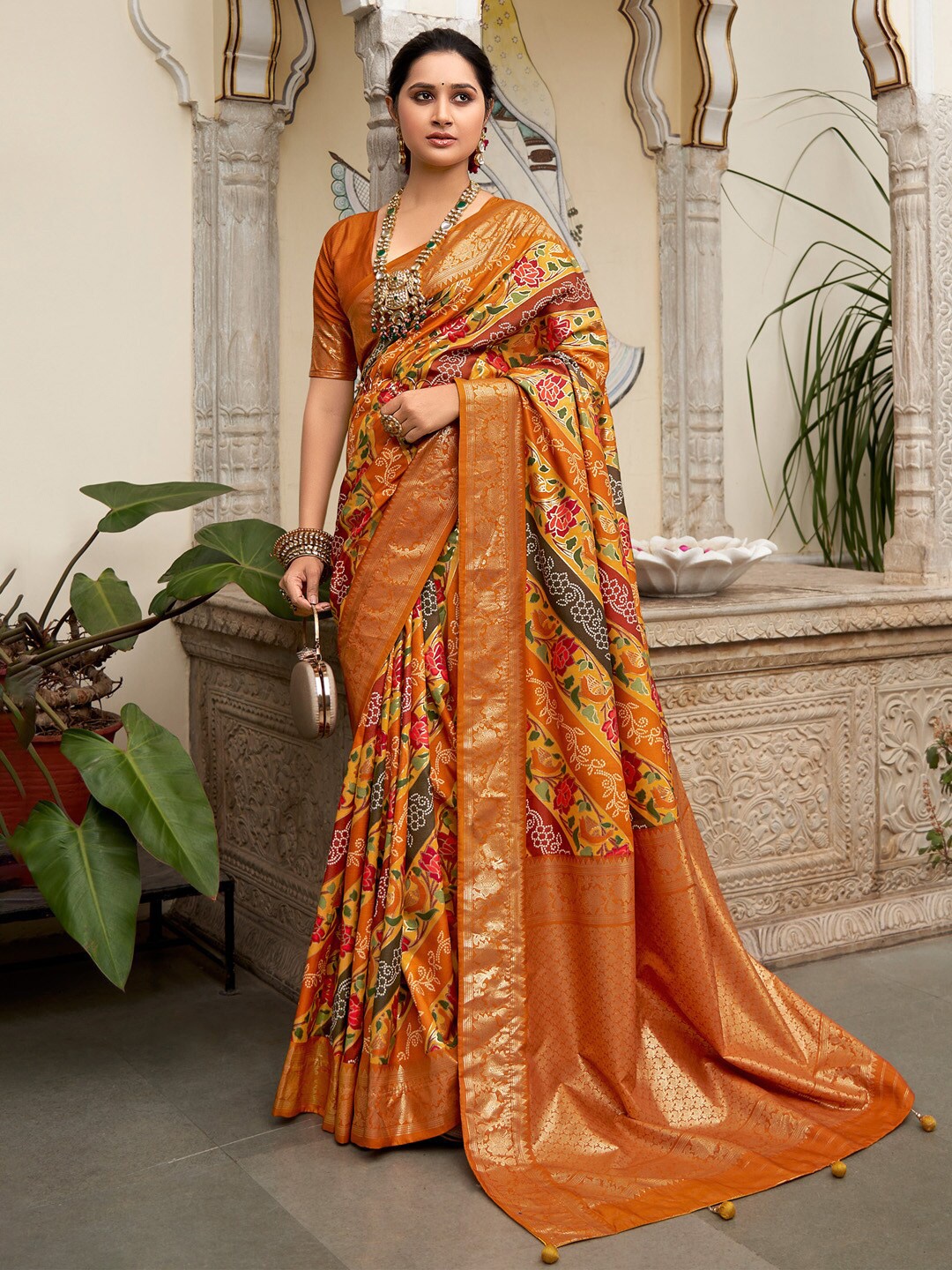 

Saree mall Mustard Ethnic Motifs Printed Zari Tussar Saree