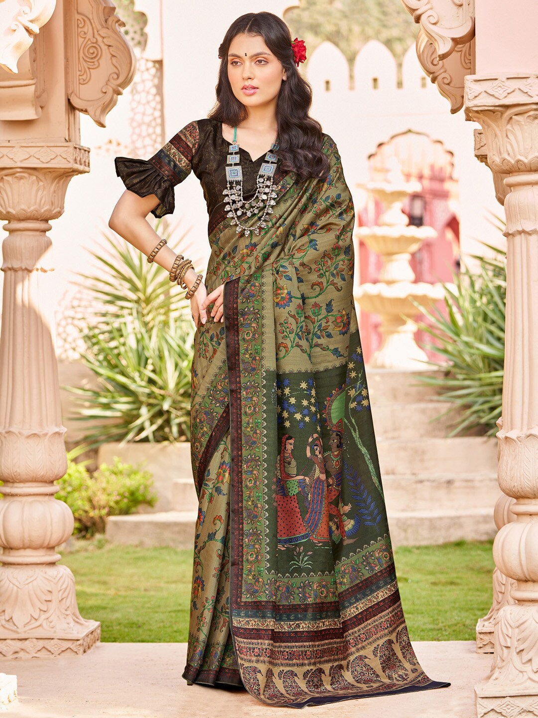 

Saree mall Ethnic Motifs Silk Blend Baluchari Sarees, Olive