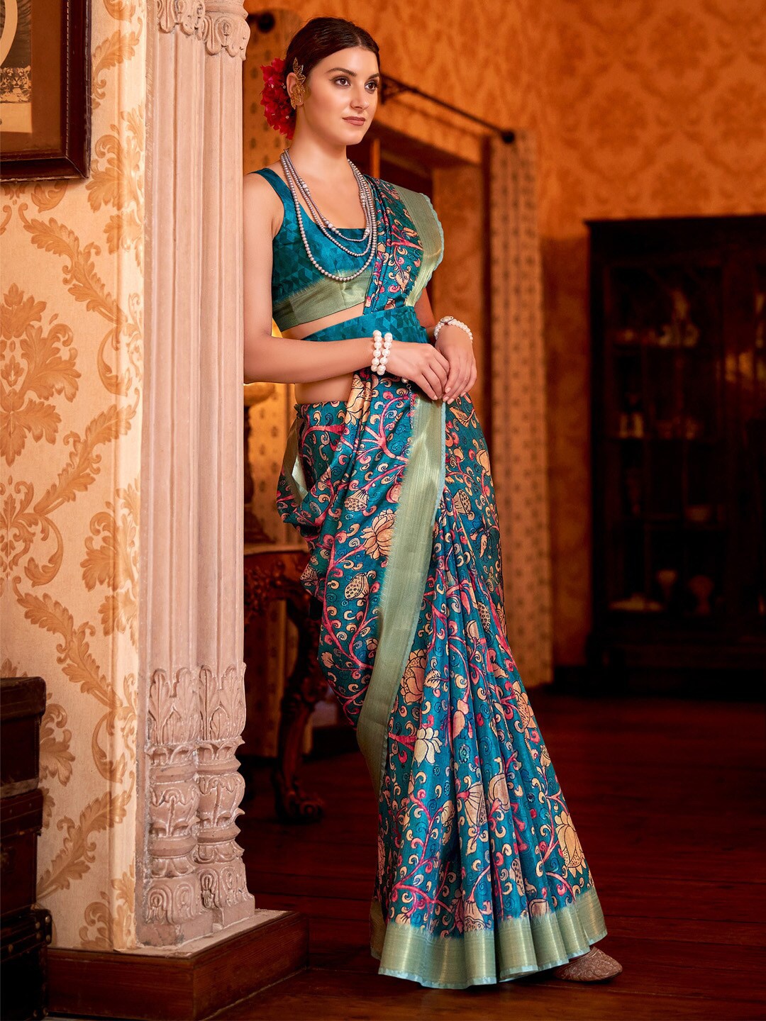 

Saree mall Ethnic Motifs Printed Zari Sungudi Sarees, Blue