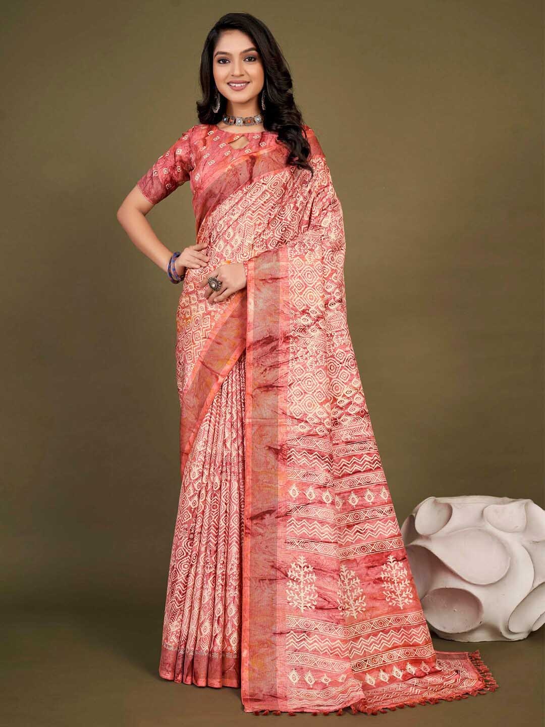 

Saree mall Ethnic Motifs Zari Dabu Sarees, Pink