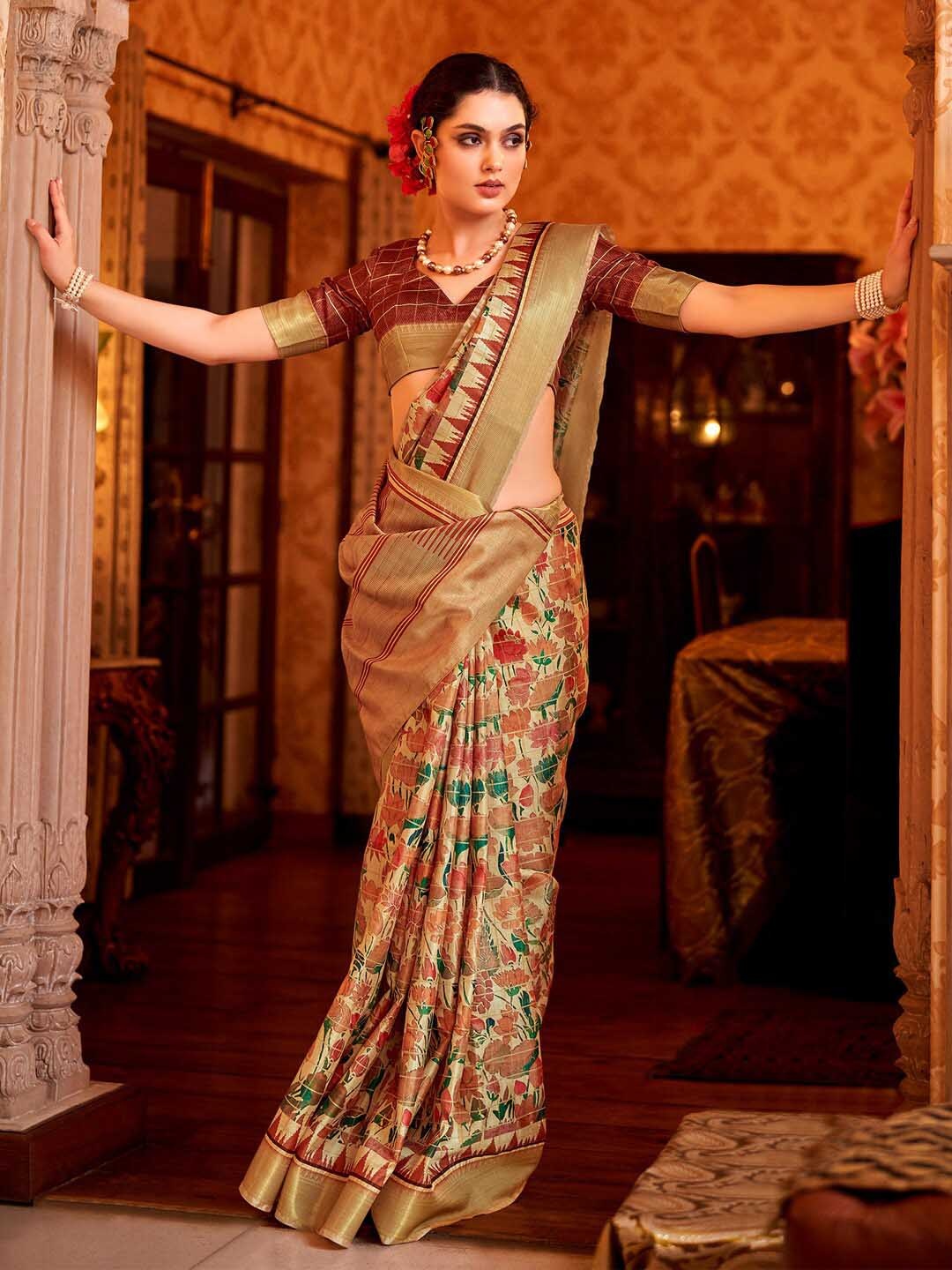 

Saree mall Kalamkari Zari Sungudi Sarees, Beige