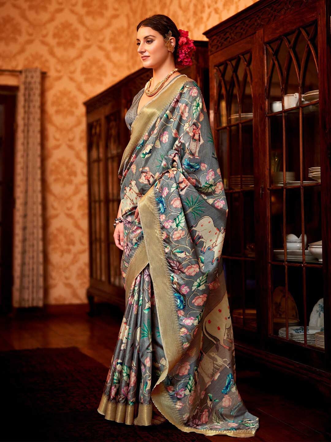 

Saree mall Kalamkari Zari Sungudi Sarees, Grey