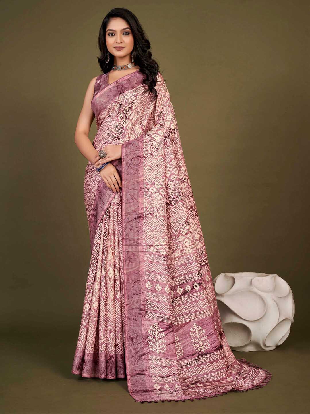 

Saree mall Ethnic Motifs Printed Dabu Sarees with Tassels, Mauve