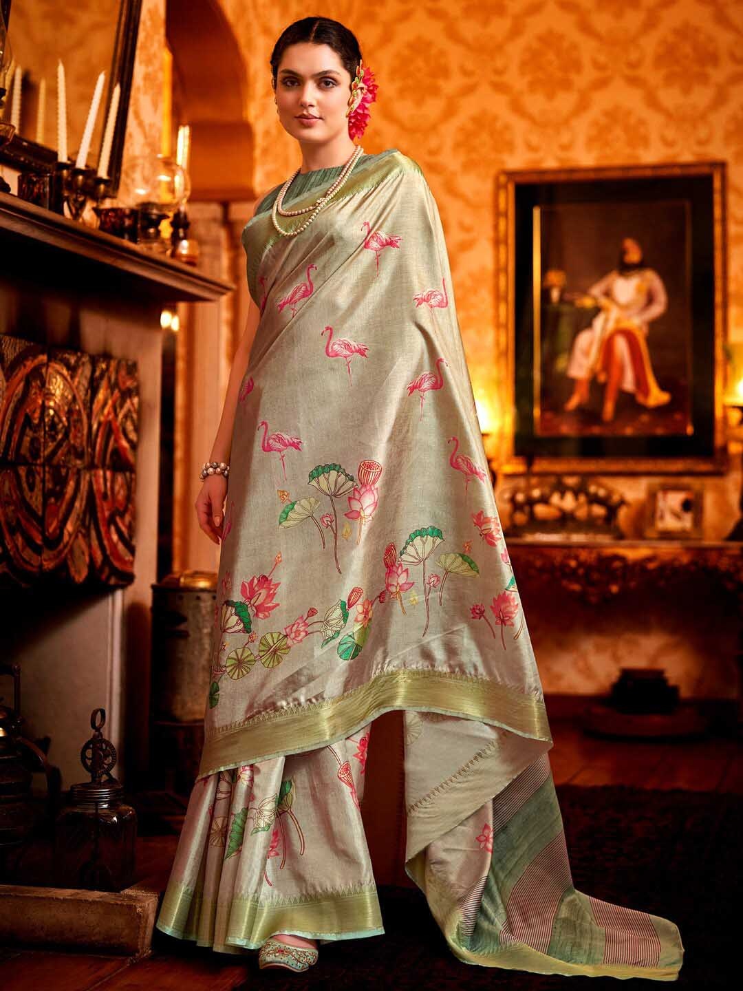 

Saree mall Kalamkari Printed Zari Sungudi Sarees, Beige