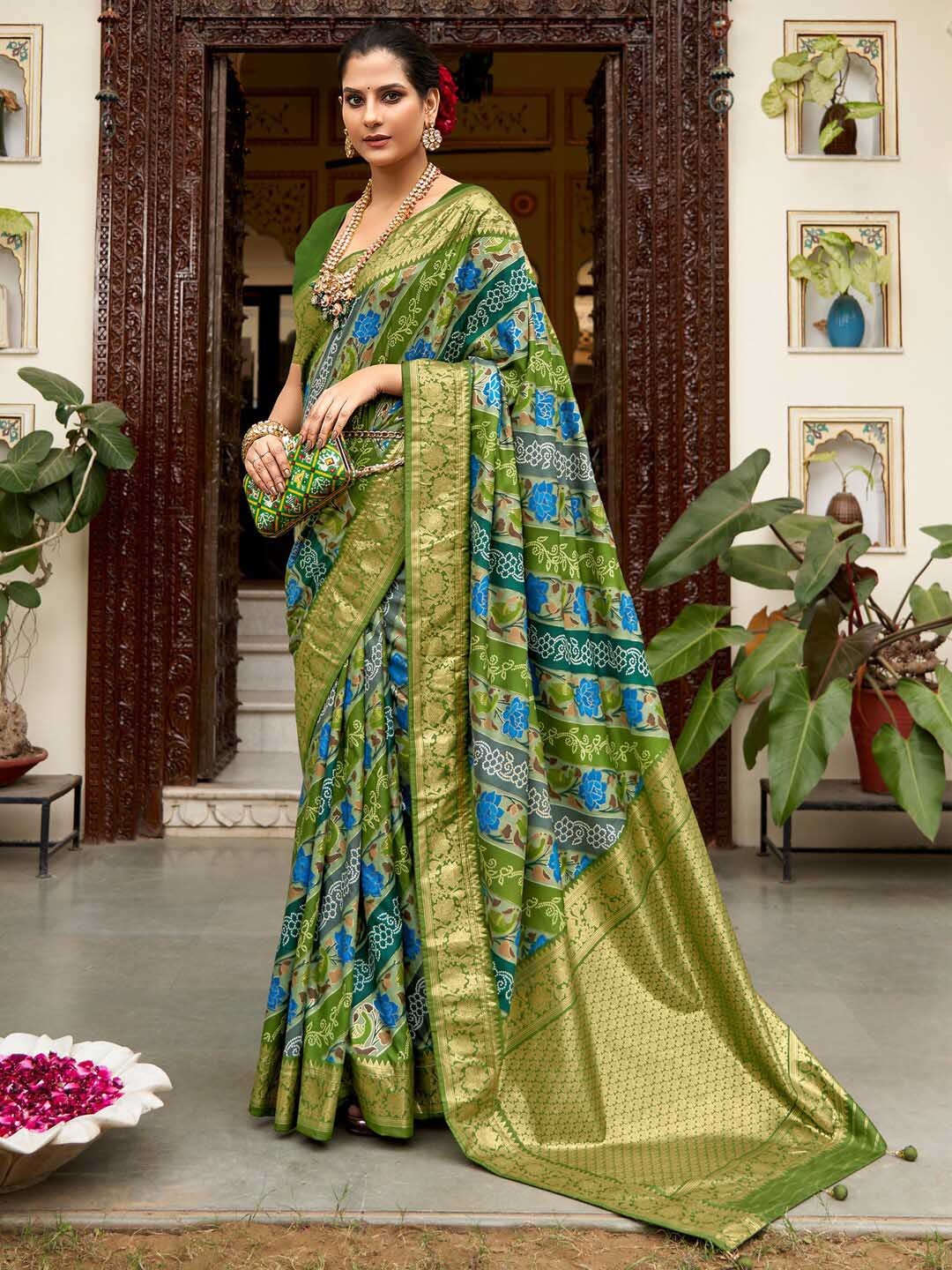 

Saree mall Ethnic Motifs Printed Banarasi Sarees with Tassels, Green