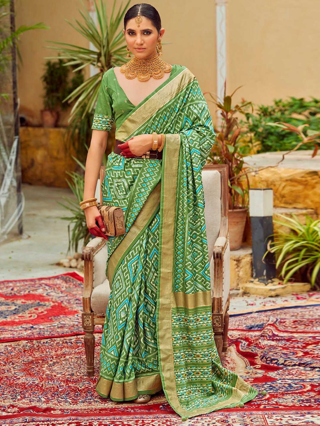 

Saree mall Green Geometric Printed Zari Tussar Saree