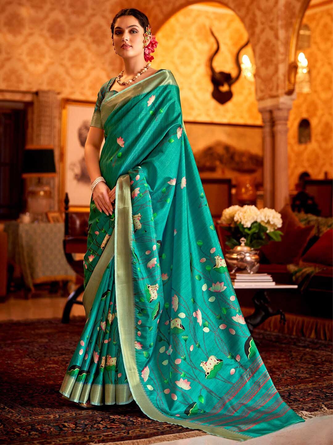 

Saree Mall Pichwai Animal Print Zari Sungudi Sarees with Matching Blouse, Teal