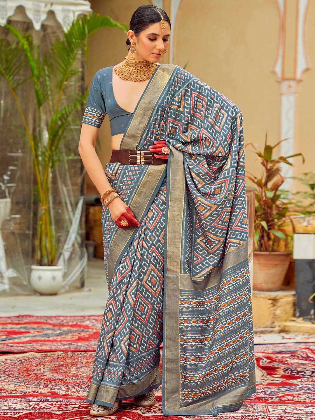 

Saree mall Ethnic Printed Ikat Sarees with Tassels, Grey