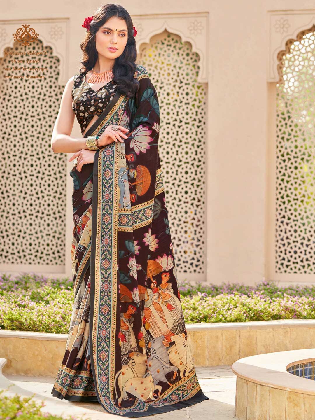 

Saree mall Kalamkari Printed Baluchari Sarees, Black