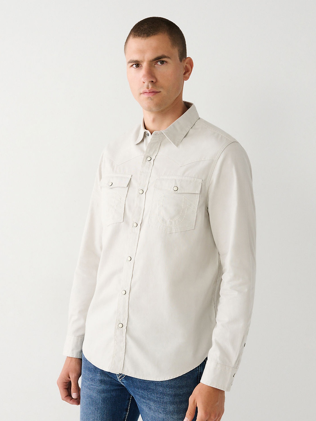 

True Religion Long Sleeves Regular Fit Cotton Opaque Casual Shirt, Grey