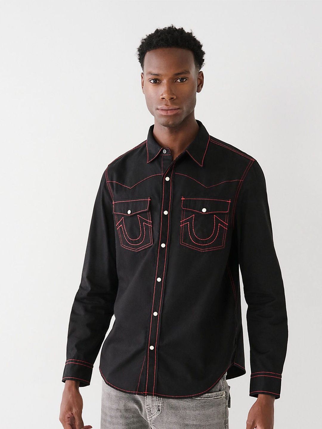 

True Religion Long Sleeves Regular Fit Cotton Opaque Casual Shirt, Black