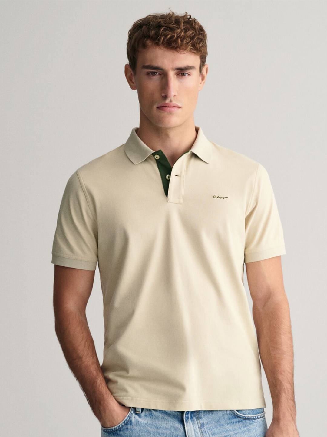 

GANT Solid Polo Neck Regular Fit T-Shirt, Beige