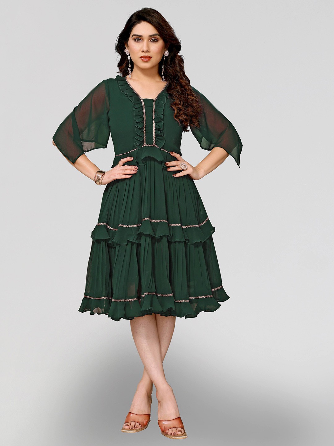 

PYARI - A style for every story Layered Georgette Fit & Flare Dress, Green