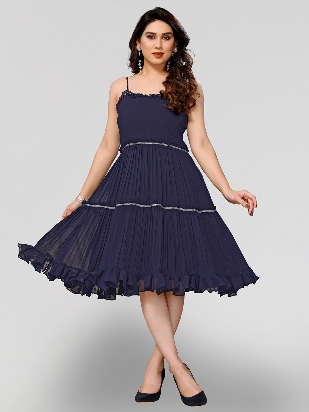 PYARI - A style for every story Ruffled Georgette Fit & Flare Dress, Navy blue