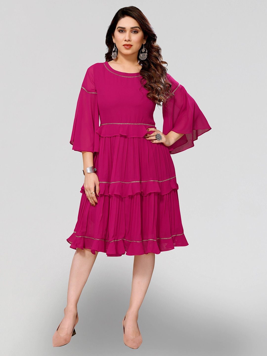 

PYARI - A style for every story Flared Sleeve Ruffled Georgette Fit & Flare Tiered Dress, Pink