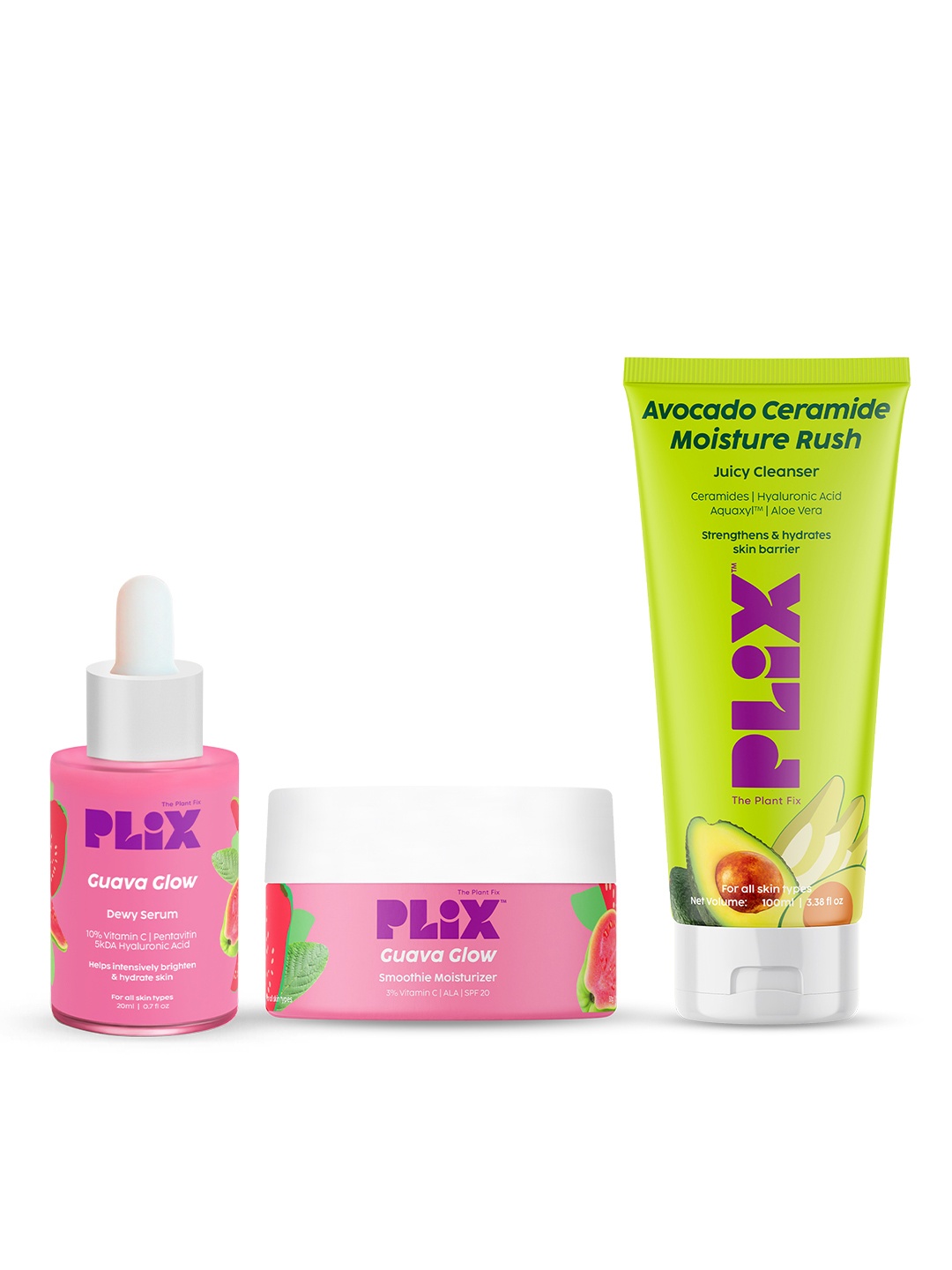 

PLIX THE PLANT FIX Avocado Ceramide Cleanser-10% Vitamin C Serum-Guava Moisturizer, Pink