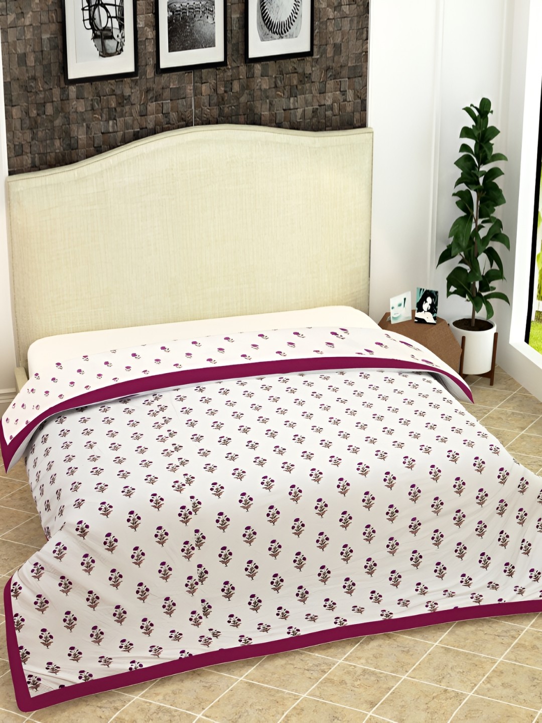 

Kritarth Handicrafts Violet Floral Printed AC Room Double Bed Dohar, White
