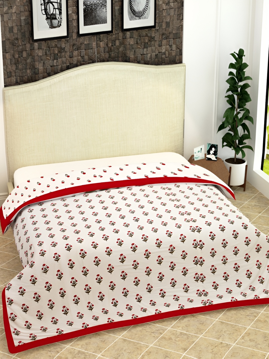 

Kritarth Handicrafts White & Red Floral Printed Cotton AC Room Double Bed Dohar