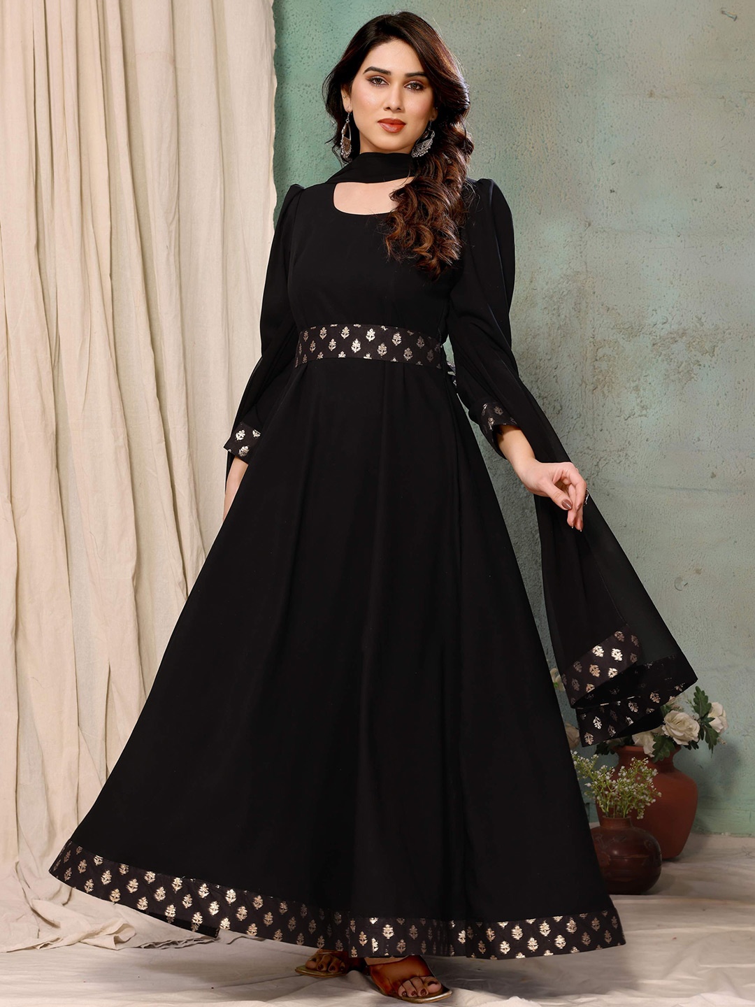 

Titanium Silk Industries Embellished Maxi Fit & Flare Dress With Dupatta, Black