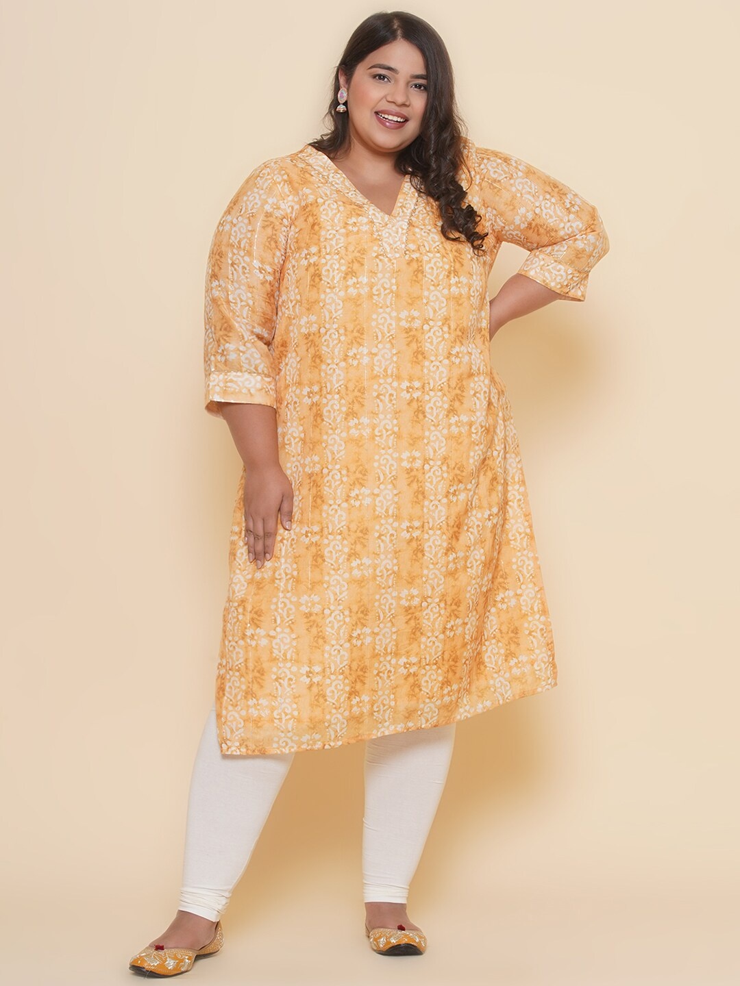 

Kiaahvi by JOHN PRIDE Plus Size Floral Printed Cotton Straight Kurta, Yellow
