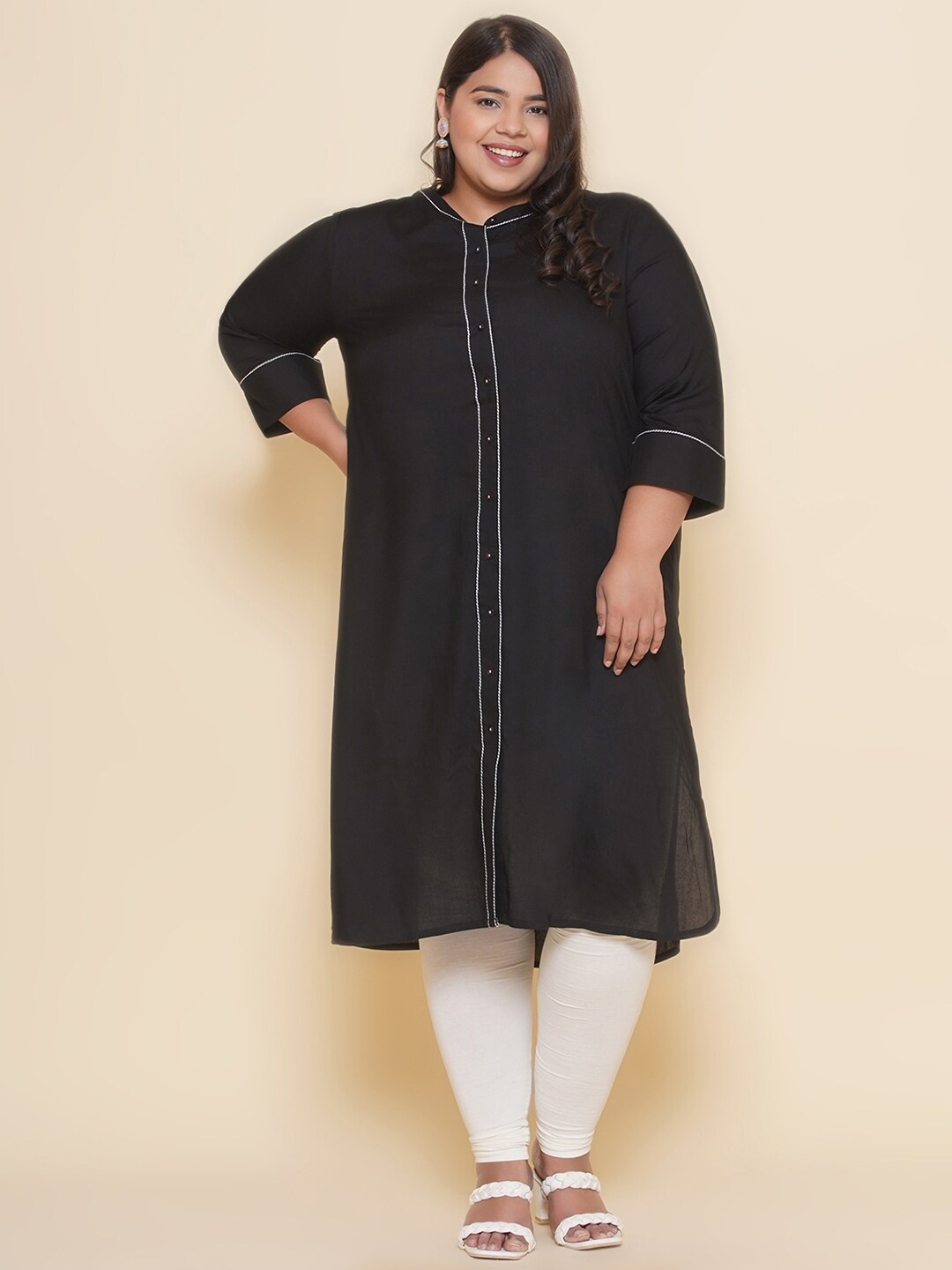 

Kiaahvi by JOHN PRIDE Plus Size Mandarin Collar Straight Kurta, Black