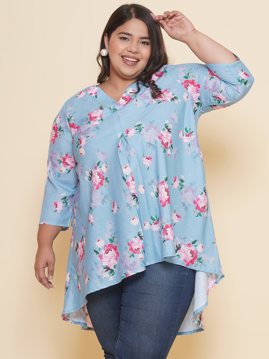 

Kiaahvi by JOHN PRIDE Plus Size Floral Print Mandarin Collar Cotton High-Low Longline Top, Blue