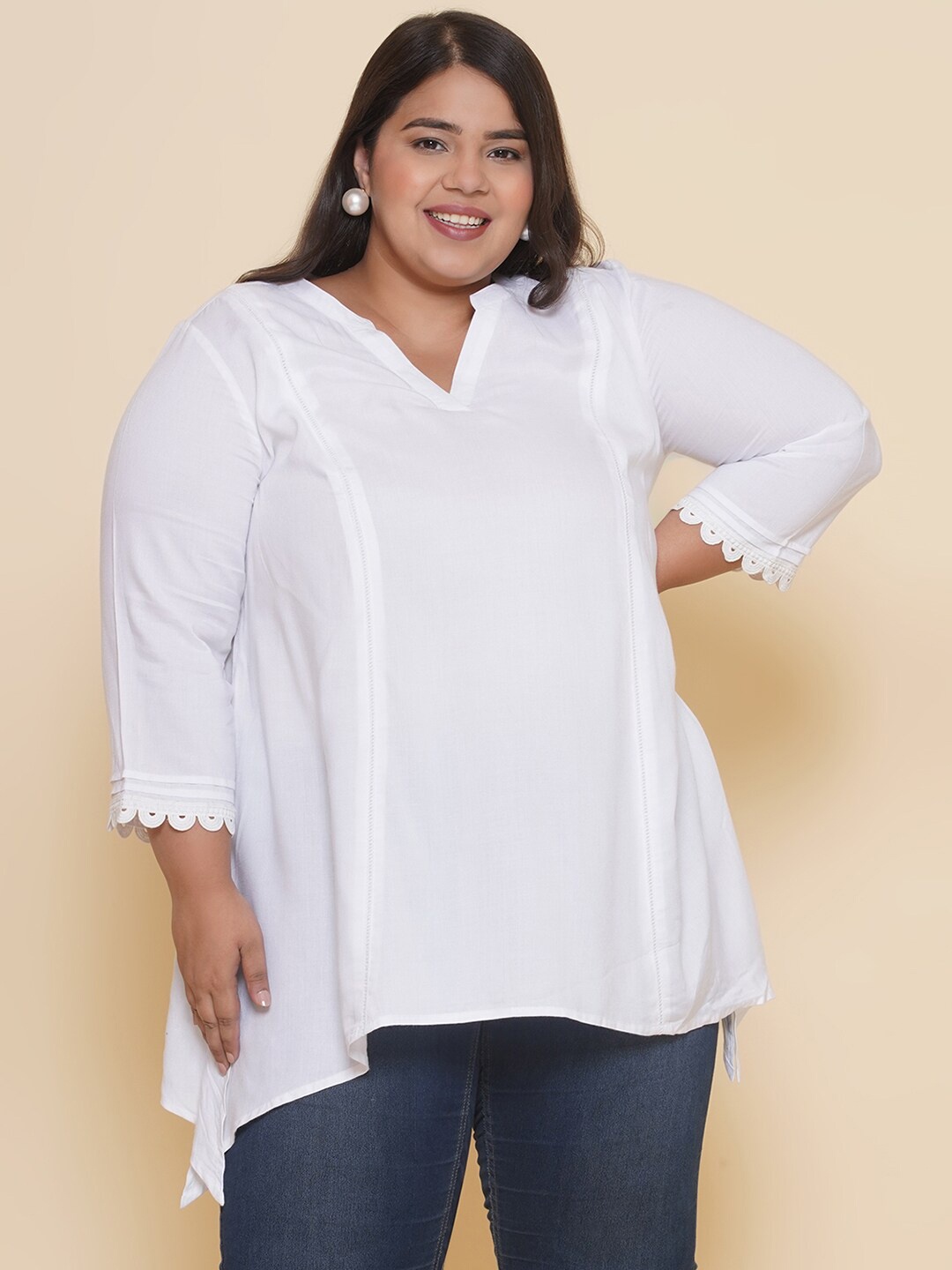 

Kiaahvi by JOHN PRIDE Plus Size Band Collar Cotton Regular Top, White