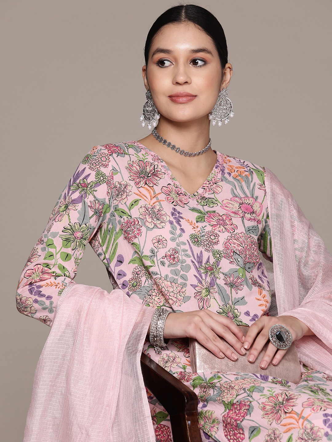 Readiprint Women Floral Printed Regular Sequinned Pure Cotton Kurta with Patiala & With Dupatta, Peach